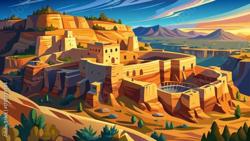 Mesa Verde National Park, Colorado, USA, shelters ancient cliff dwellings carved into sandstone alcoves, glowing warmly against a backdrop of sweeping canyonlands and clear blue skies.