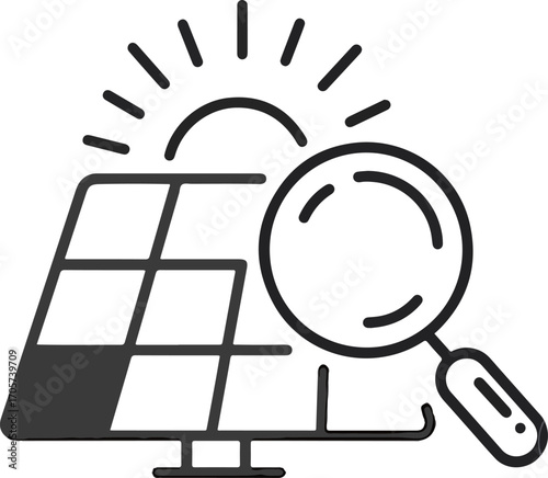 Minimalist Outline Magnifying Glass Inspecting Solar Panel Renewable Energy Icon