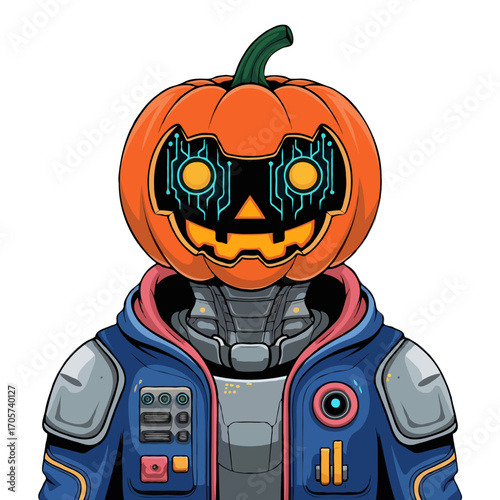 Cyberpunk robot with a jack o lantern head isolated on white background
