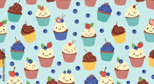 A charming collection of colorful cupcakes with happy faces and berries scattered throughout a light blue background.