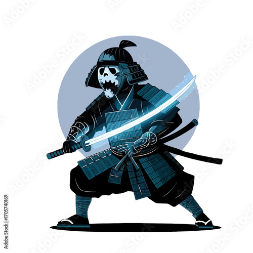 Fierce samurai warrior with glowing katana isolated on white background