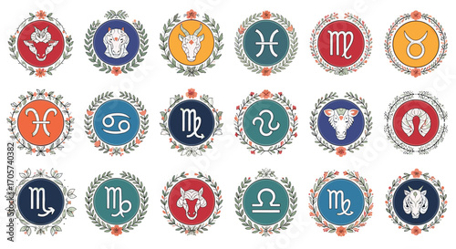 Collection of detailed zodiac sign illustrations in circular frames