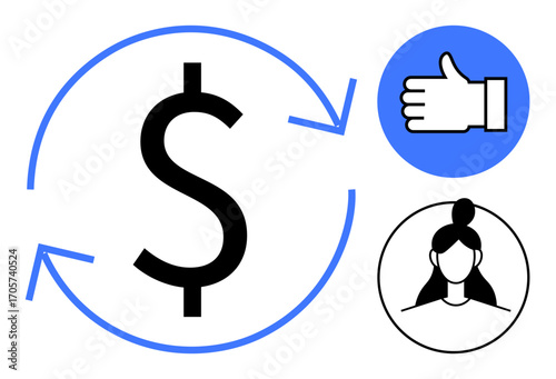 Dollar sign encircled by arrows representing financial flow alongside a person icon and a thumbs-up for endorsement. Ideal for finance, feedback, user engagement, economy, e-commerce, marketing