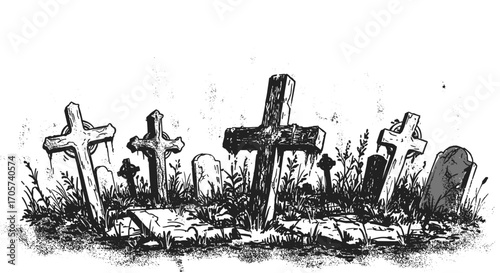 Engraving ink sketch grunge crosses and graves in cemetery, black and white vector illustration for Halloween 2025 decoration, SVG