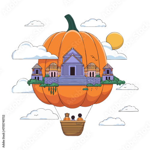 Whimsical floating pumpkin with buildings and people in a basket isolated on white background