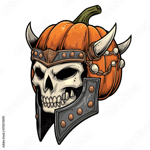 Halloween skull with pumpkin helmet and horns isolated on white background
