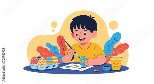 A young boy enthusiastically paints colorful eggs for the Easter celebration.