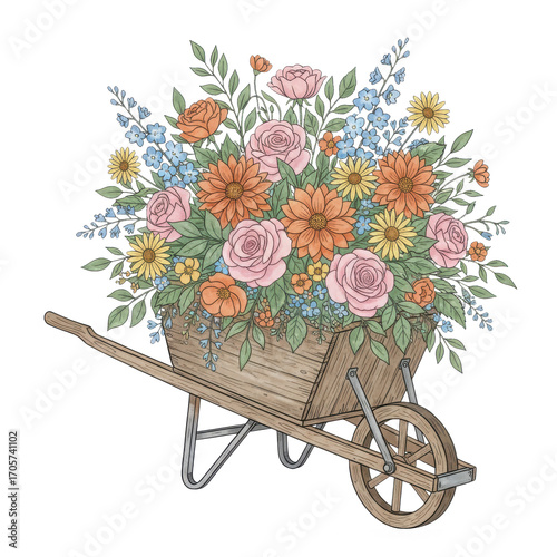 Rustic Wheelbarrow of Flowers PNG, Floral Garden Cart Clipart with Wildflowers, Roses and Spring Bloom Illustration