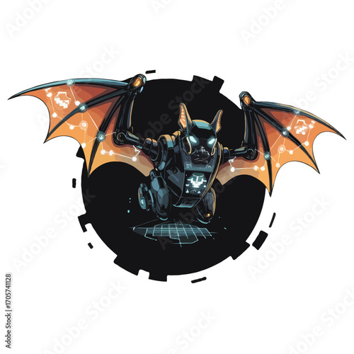 Dark gargoyle with glowing orange wings isolated on white background
