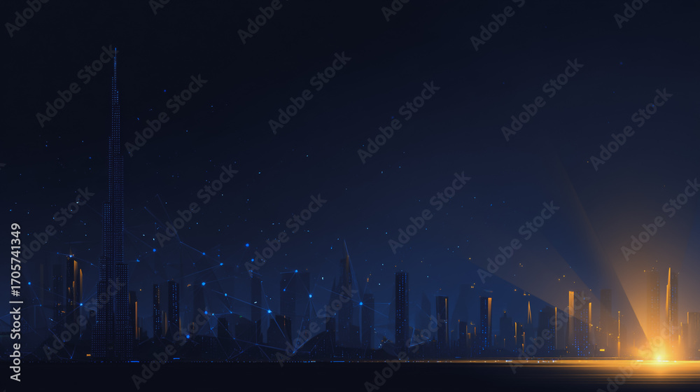 Fototapeta premium Sunshine in the Smart digital Innovation city with connection network reciprocity over the cityscape. of future smart wireless digital city and social media networking systems that connects