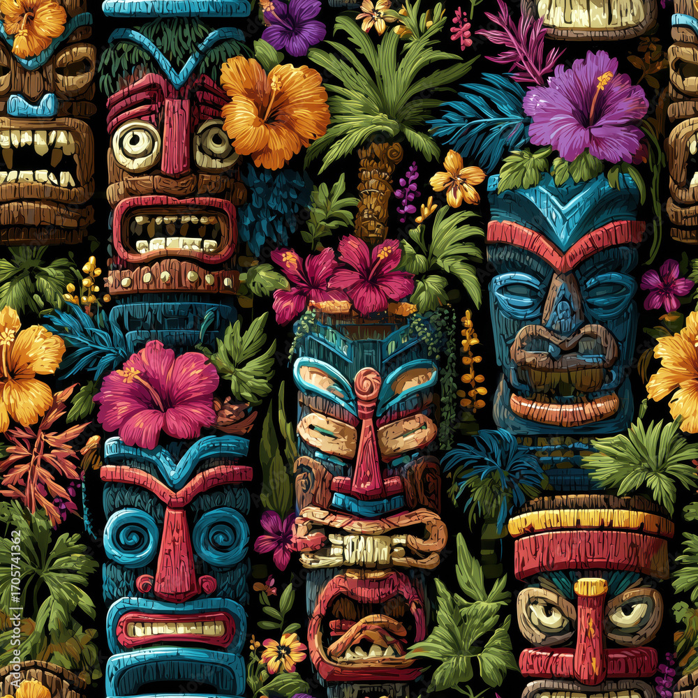 Fototapeta premium Seamless Pattern of Colorful Tiki Masks Surrounded by Vibrant Tropical Flowers and Lush Foliage Design
