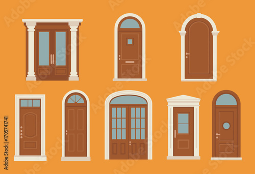Collection of elegant front door vector illustrations, traditional and modern styles, brown wooden doors with decorative frames, ideal for home design projects