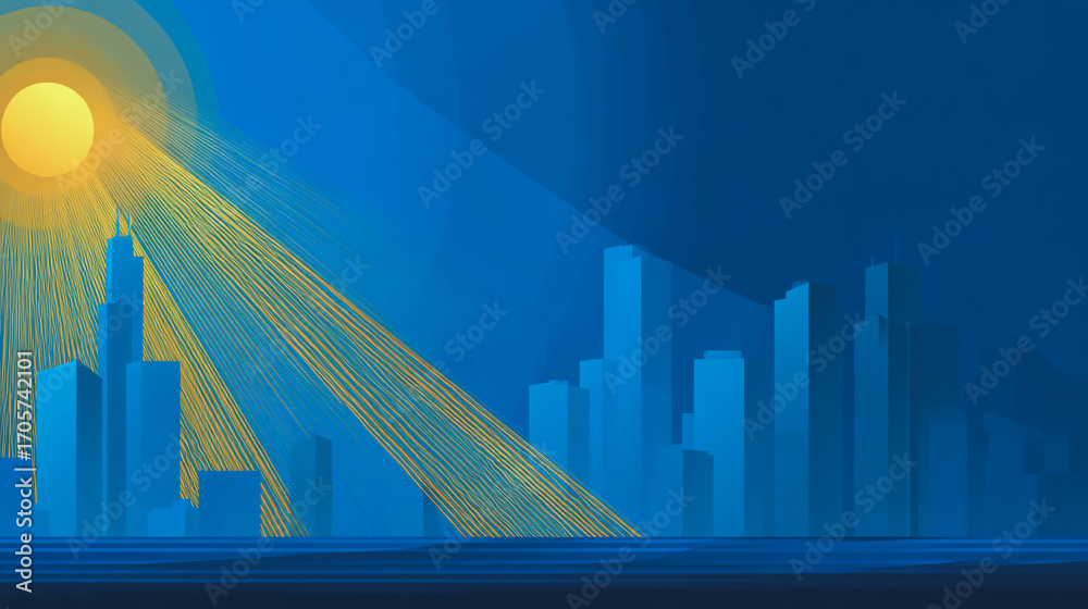 Obraz premium Sunshine in the Smart digital Innovation city with connection network reciprocity over the cityscape. of future smart wireless digital city and social media networking systems that connects