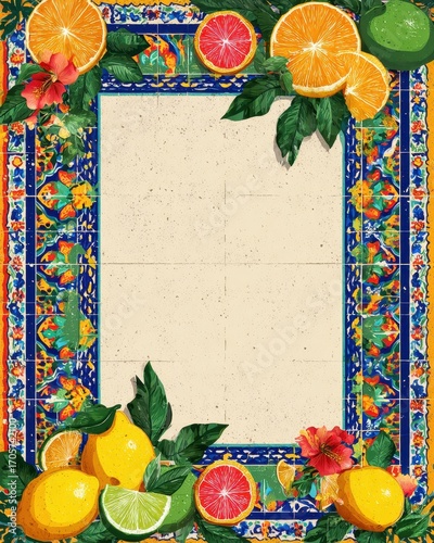 Vibrant Mediterranean Tile Frame with Citrus Fruits and Hibiscus Flowers