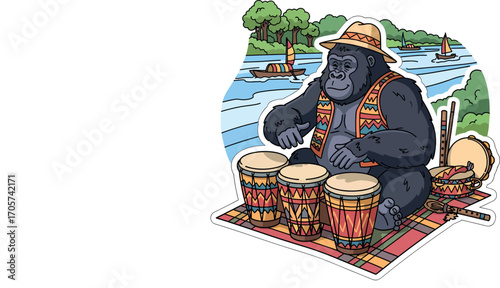 Gorilla Musician Playing African Drums by a River.
