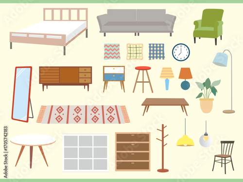 Illustration of various furniture pieces and other home decor items on a light yellow background.