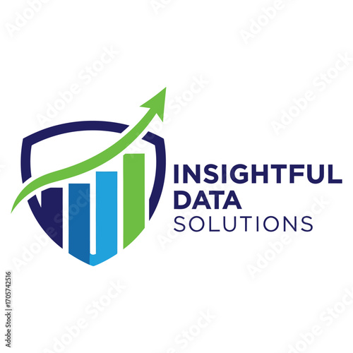 Insightful data solutions logo with shield graph and upward arrow representing growth and analytics