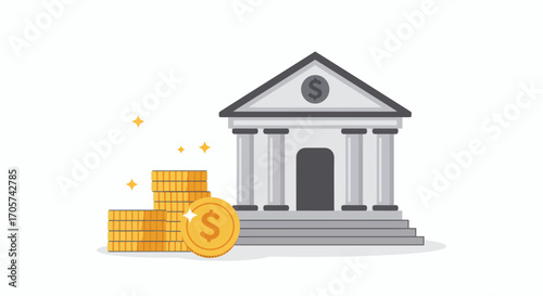 Bank building with coins symbolizing financial savings investments stability and the role of institutions in economic development
