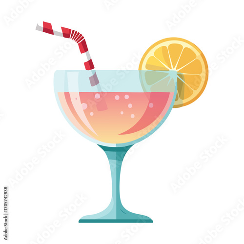 Vibrant flat design vector illustration of a summer cocktail with an orange slice. This isolated drink icon, like a flake.svg, is perfect for party, bar, or restaurant themes