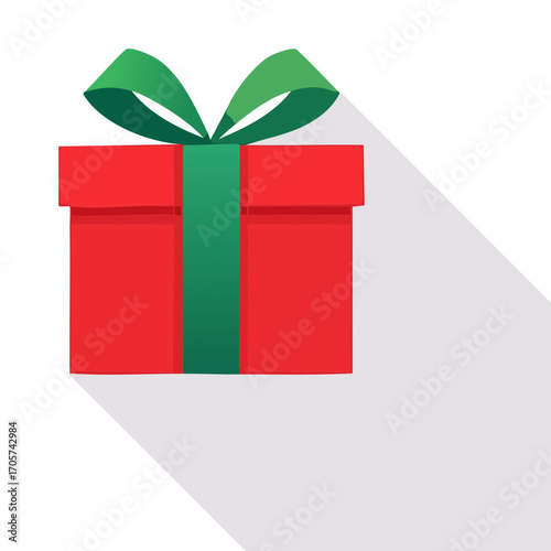 Vibrant red gift box with a green ribbon bow, a flat design vector illustration with a long shadow. This present icon symbolizes giving, surprises, and joyful celebrations