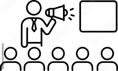 Simple Outline Stick Figure Announcement with Megaphone Presentation Illustration