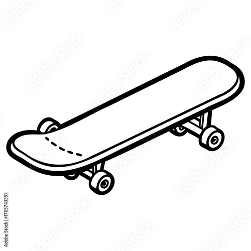 Black and white line art illustration of a skateboard