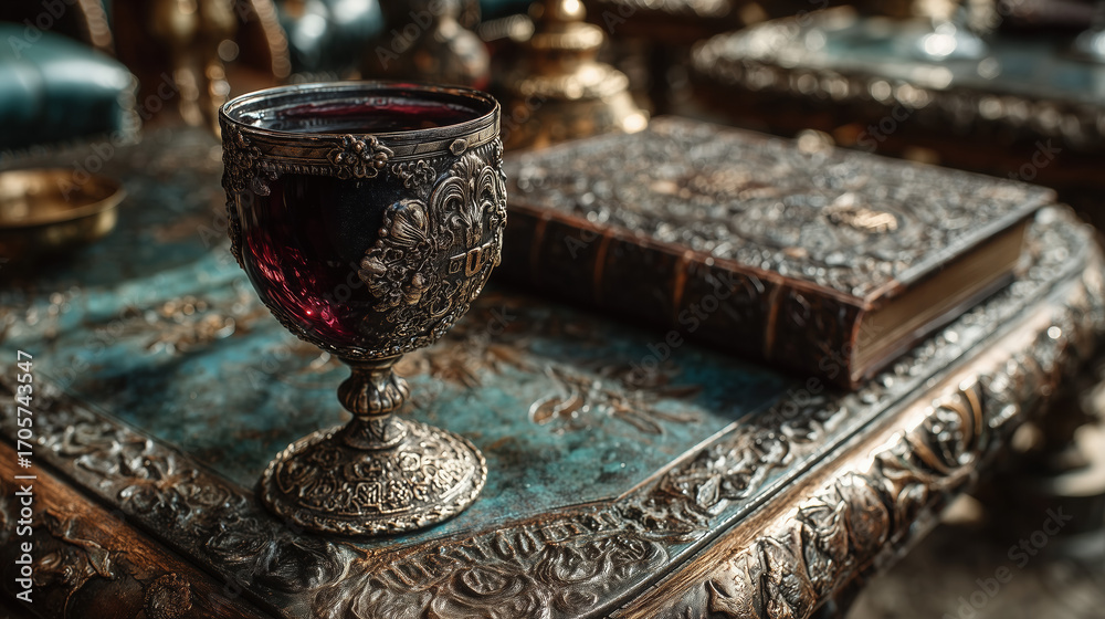 Fototapeta premium Silver wine goblet filled with red wine beside ornate book