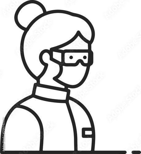 Minimalist Outline Scientist Woman with Protective Glasses and Mask Line Drawing