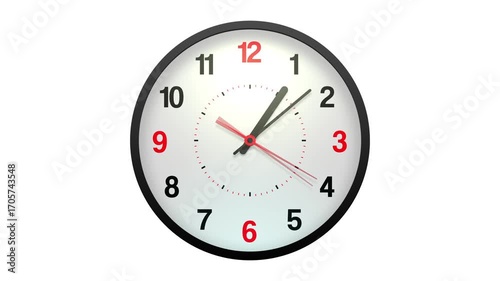 Classic analog wall clock with red numbers and black frame