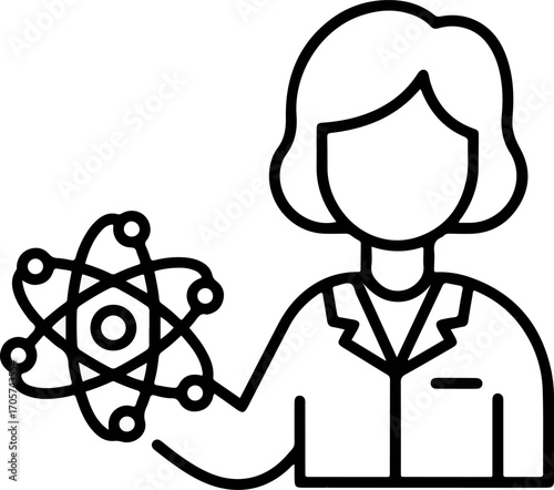 Black and White Outline Woman Scientist Holding Atom Model Icon