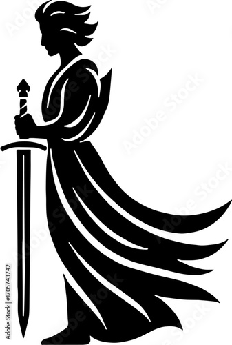 vector illustration of Warrior Silhouette with Sword, isolated on white