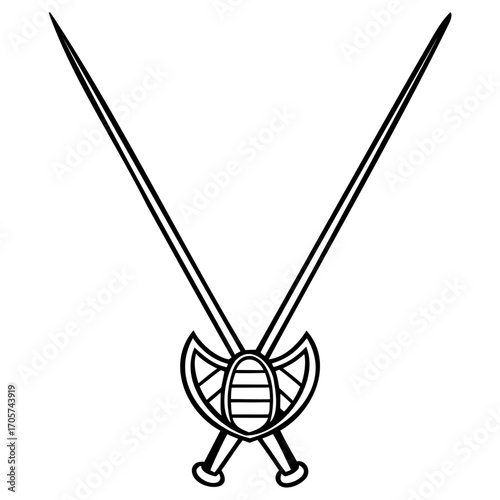 Crossed medieval swords with shield emblem in monochrome line art style