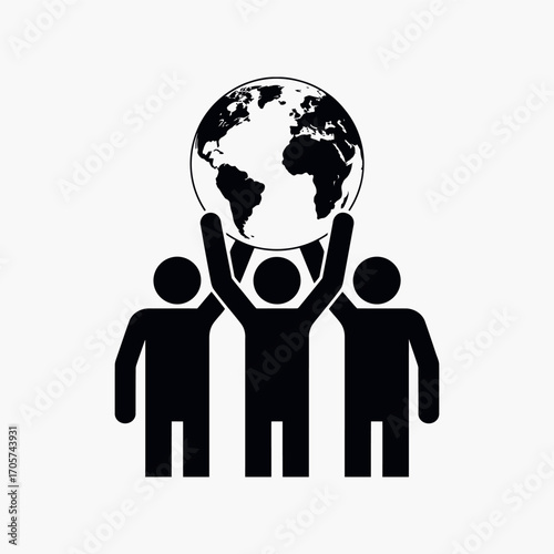 Three black figures holding up a black globe icon on white background earth world