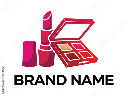 Vibrant red lipstick and eyeshadow palette with brand name placeholder