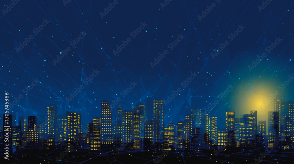 Fototapeta premium Sunshine in the Smart digital Innovation city with connection network reciprocity over the cityscape. of future smart wireless digital city and social media networking systems that connects