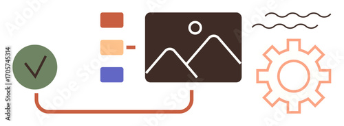 Gear cog, image preview, checklist, color palette, and curving lines visualizing productivity, design, and automation. Ideal for workflow, design process task management creativity system