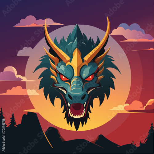 An illustrative depiction of a fierce teal dragon head with glowing red eyes set against a vibrant sunset.