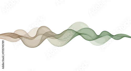 Abstract beige and green wave flowing on a white backdrop creates a gentle, flowing aesthetic, concept for digital art, motion graphics and calming presentation backgrounds