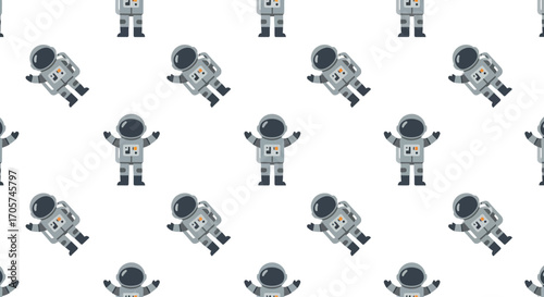 Seamless pattern of cartoon astronauts in gray suits and helmets on a white background, concept for children's designs, cosmic themed wallpaper and space exploration presentations