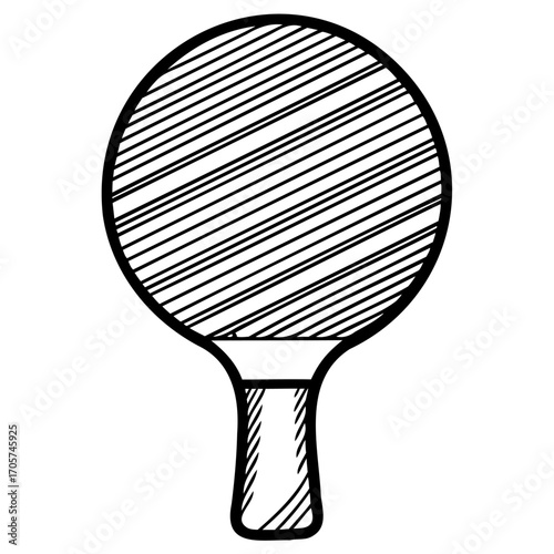 Handdrawn black and white illustration of a table tennis paddle