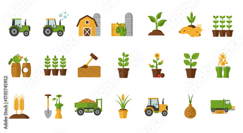 A collection of farm-related illustrations, featuring tractors, crops, tools and farm buildings. Concept for agricultural design, rural lifestyle elements and educational materials