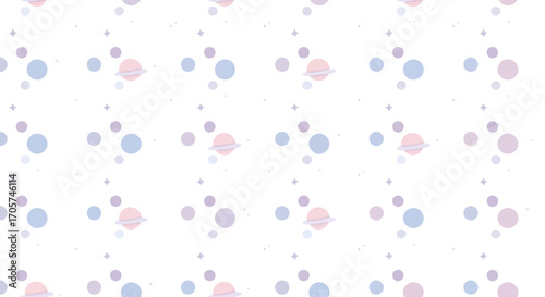 Delicate pastel space themed repeat pattern with planets, stars and circles on white, concept for nursery decor, children's textiles and whimsical backgrounds