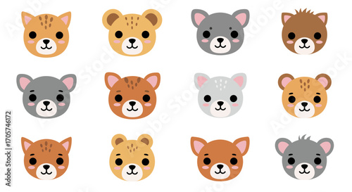 Twelve cartoon animal faces with various colors and shapes on a white background, concept for children's education, nursery decoration and animal illustrations