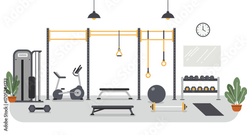 Illustration of a gym interior with various equipment, including weights, machines and exercise bars, concept for fitness center design, health and wellness promotion and workout infographic