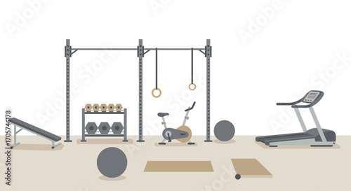 Illustration of gym equipment including a treadmill, weights, exercise bike and pull-up bar. Concept for fitness center advertising, home workout design and health club visuals