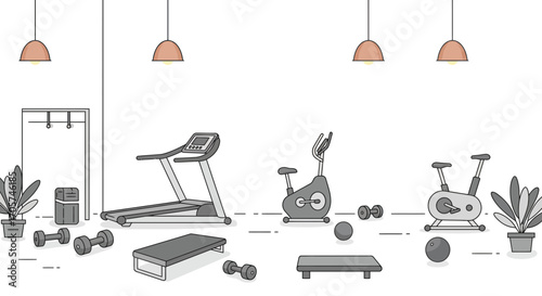 Line art illustration of a gym interior with equipment like treadmill, bike, weights, step, under hanging lights, concept for fitness center design, workout program and health promotion