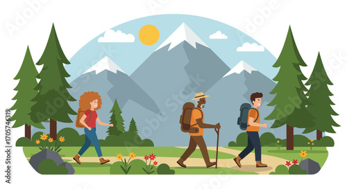Group of people hiking in mountain nature landscape with green trees and blooming flowers, concept for outdoor adventure, healthy lifestyle and recreational activity