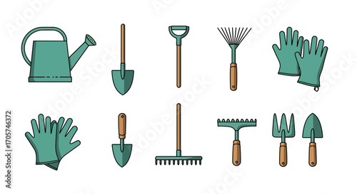 Illustration of various garden tools like watering can, gloves, spades and rakes arranged on white background, concept for agricultural implements, gardening hobby and seasonal yard work