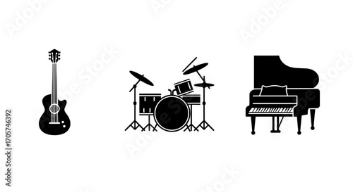 Silhouette of guitar, drum set and piano in black and white, concept for music education, instrumental learning and artistic expression