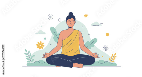 Illustration of woman meditating in lotus position with natural elements backdrop. Concept for wellness program, stress reduction and mind-body balance